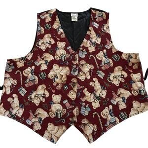 Bobbie Brooks Woman Christmas Teddy Bear Vest – Burgundy Tapestry Holiday Print